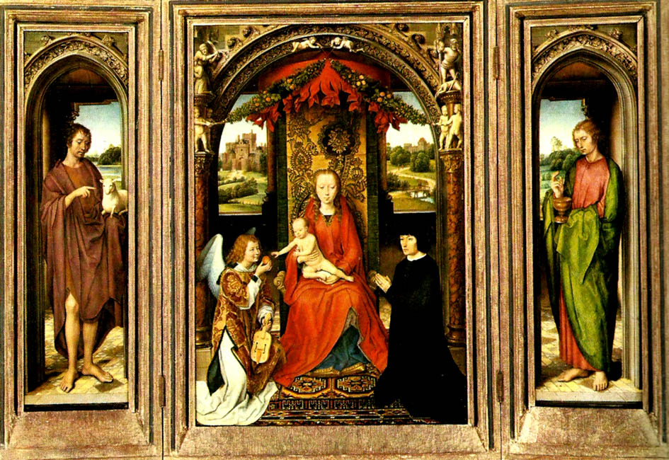 Hans Memling madonnan med barnet tronande med angel och donator